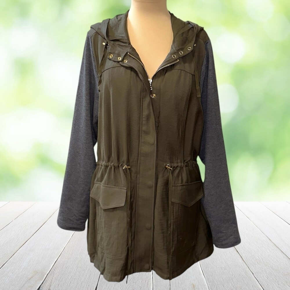 LOGO LORI GOLDSTEIN Hooded Cargo Jacket Mixed Media Drawstring Olive Size L